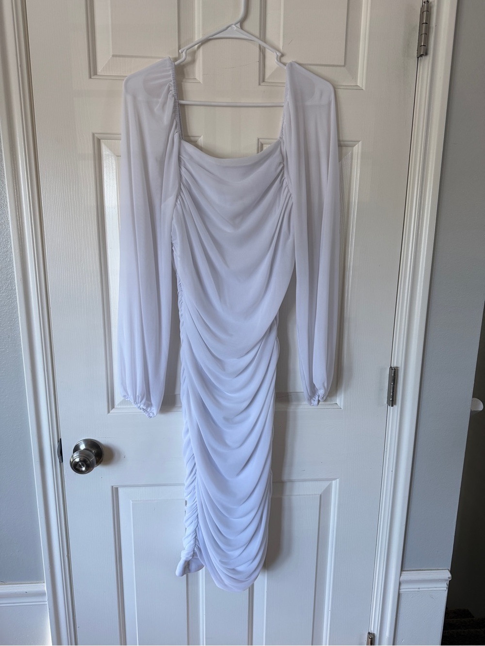 White Ruched Bodycon Dress with Long Mesh Puff Sleeves-Size Large